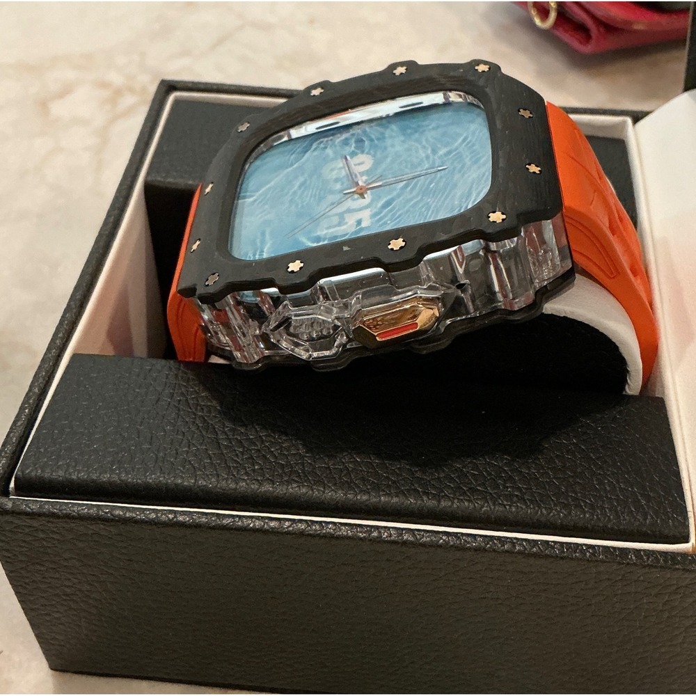 Carbon Fiber Apple Watch Case 44/45/46/49mm Orange Band Double Vision - Picture 3 of 12